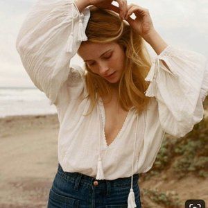 Dôen Source Embroidered White Gauze Blouse Top Crochet Lace Cotton Size M